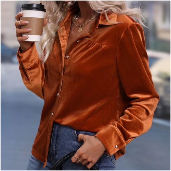 Luxe Velvet Button down Oversized Shirt Top - Picture 5 of 5